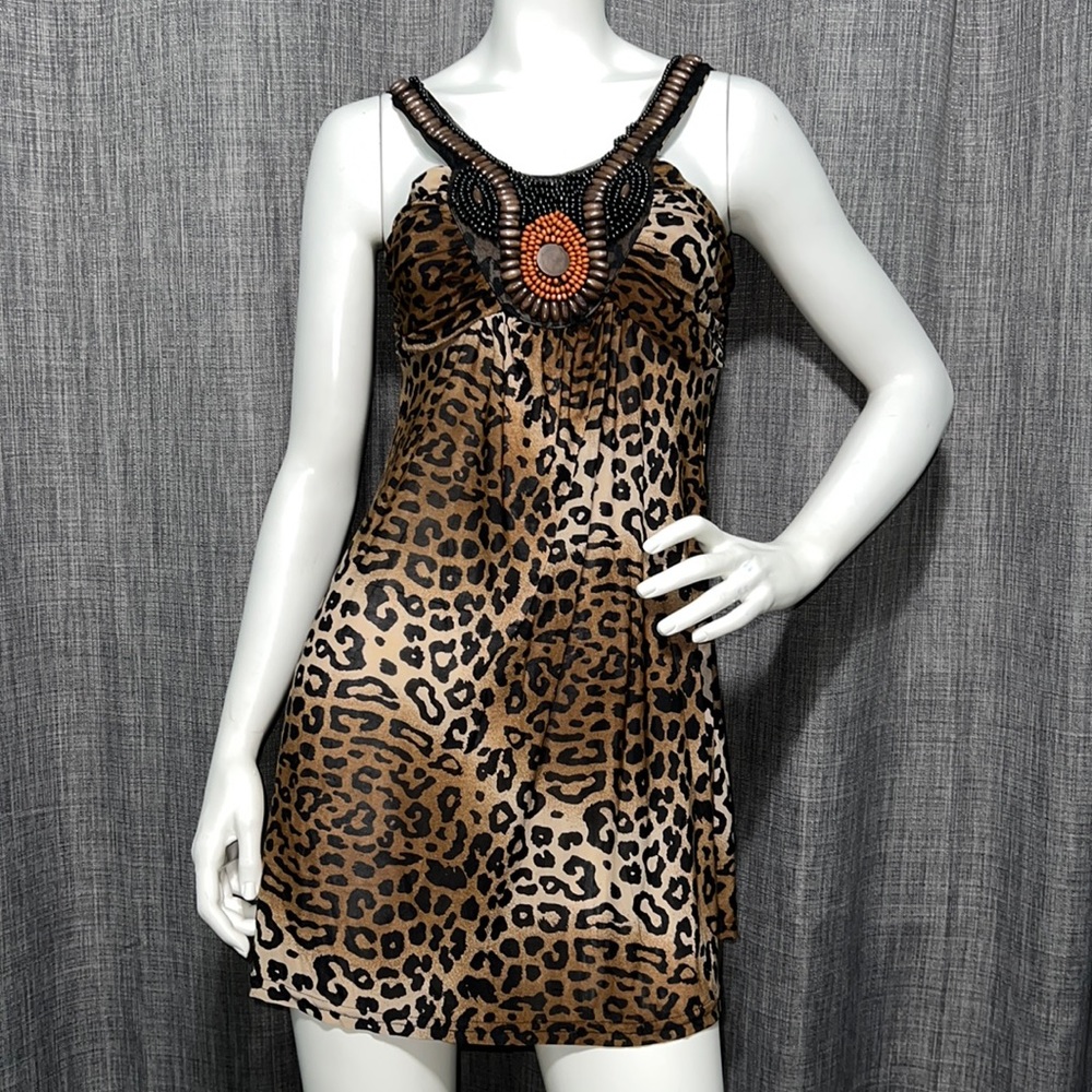 NWT Animal Print Wooden Bead Beach Cover Up/Mini Dress Small